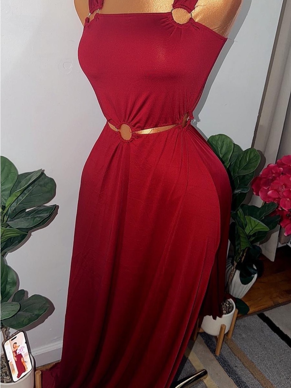 Line & Dot Burgundy Maxi Dress with Ring Accents